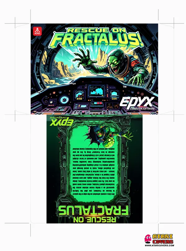 Front cover art for Rescue on Fractalus! by Epyx, showcasing a menacing green Jaggi alien attacking the cockpit of a spaceship, with a fractal-generated alien landscape visible through the windshield and a detailed control panel below.