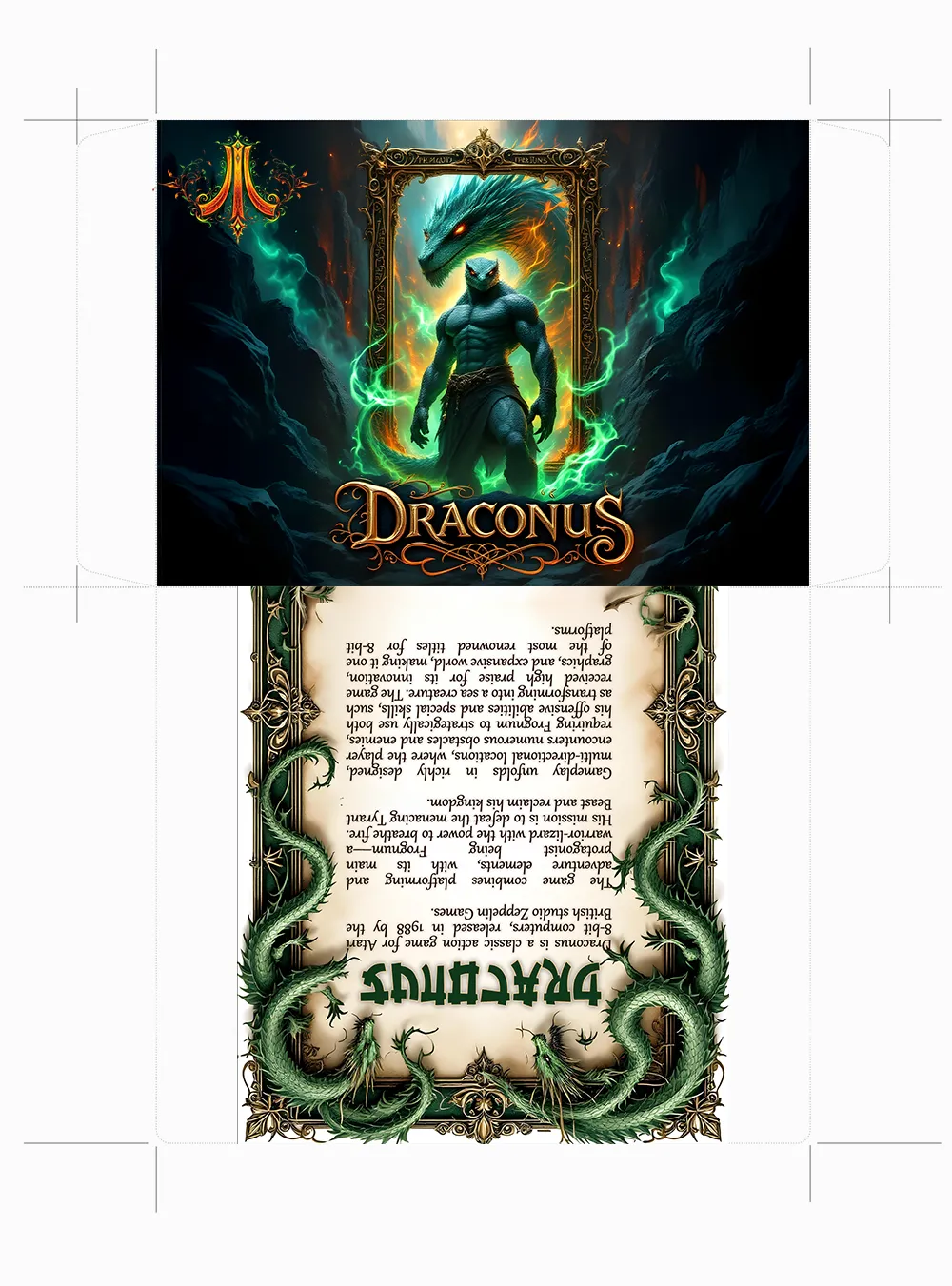 Draconus game cover featuring Frognum, the lizard-warrior, in a vibrant action scene.