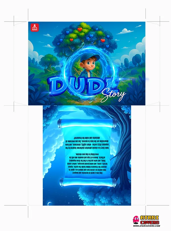 Cover of the game Dude Story for Atari XL/XE – colorful illustration featuring the main character in a cap standing in front of a magical tree surrounded by blue energy, with the Atari logo at the top and a stylized 3D title ‘Dude Story’.