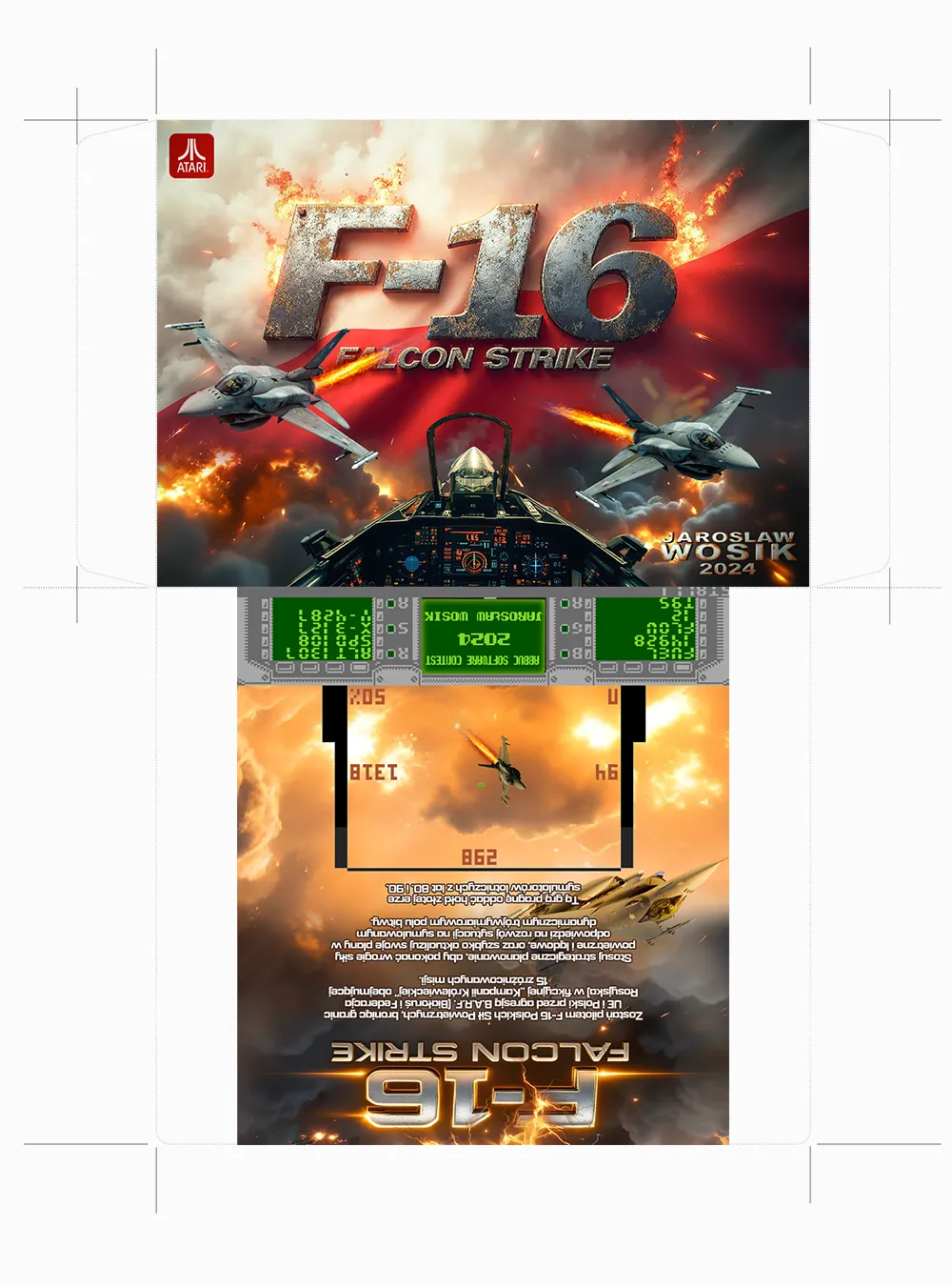 Screenshot of F-16 Falcon Strike gameplay featuring 3D combat on Atari XL/XE.