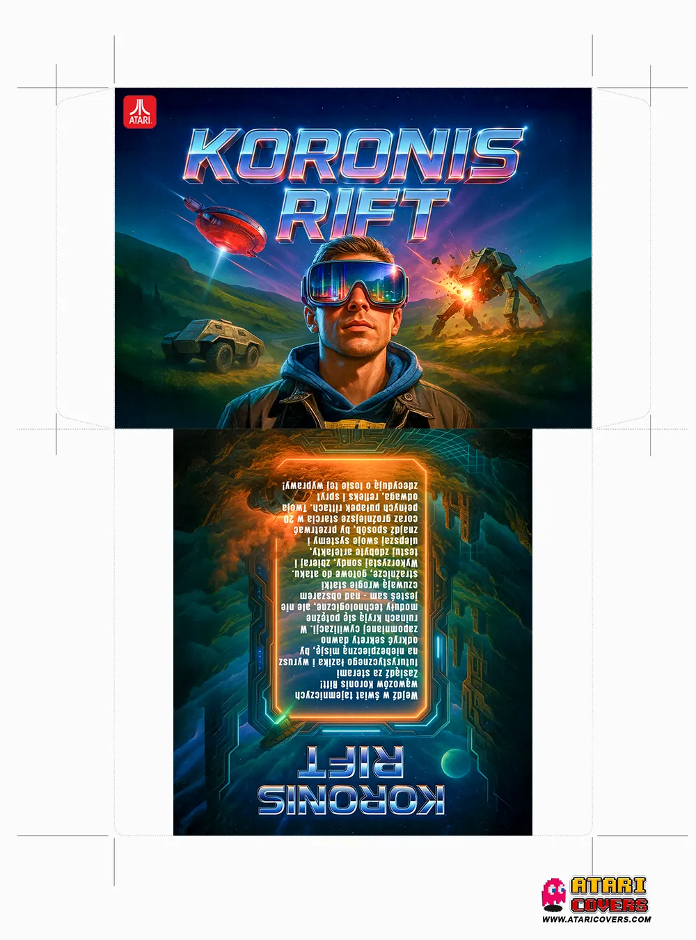 Koronis Rift game cover for Atari XL/XE – retro-futuristic artwork with a man wearing VR goggles in the foreground, a flying saucer, armored vehicle, and an exploding battle robot in the background. The back cover features the game description inside a glowing neon frame against a sci-fi landscape. 1980s-inspired science fiction design.