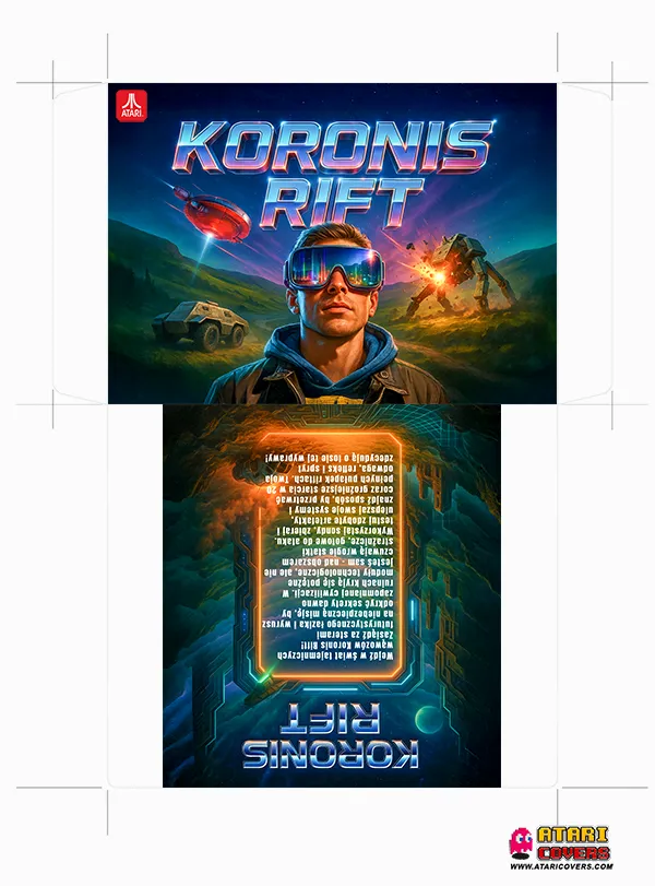 Koronis Rift game cover for Atari XL/XE – retro-futuristic artwork with a man wearing VR goggles in the foreground, a flying saucer, armored vehicle, and an exploding battle robot in the background. The back cover features the game description inside a glowing neon frame against a sci-fi landscape. 1980s-inspired science fiction design.