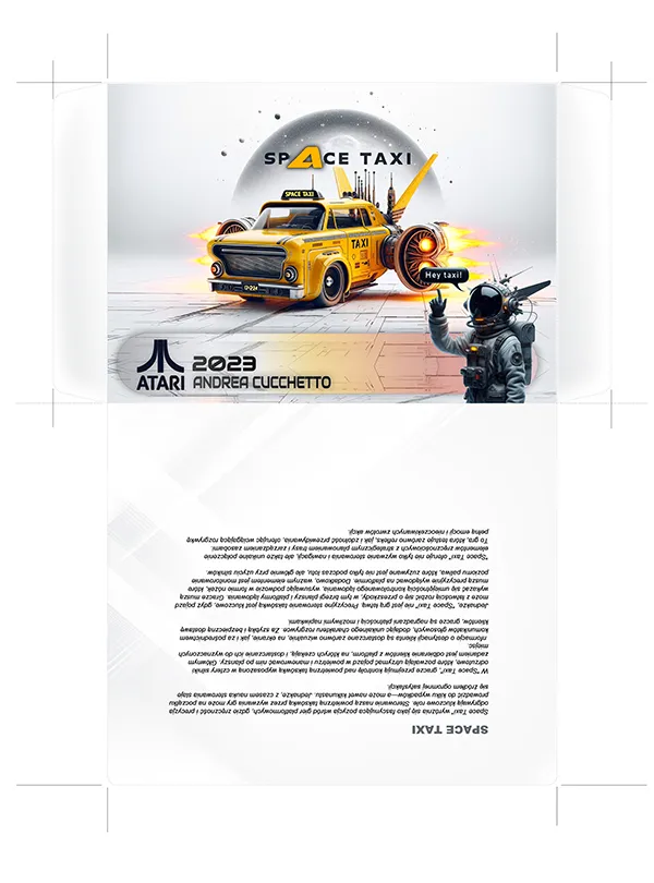 New envelope design for Space Taxi game, highlighting its visually appealing graphics and game's essence