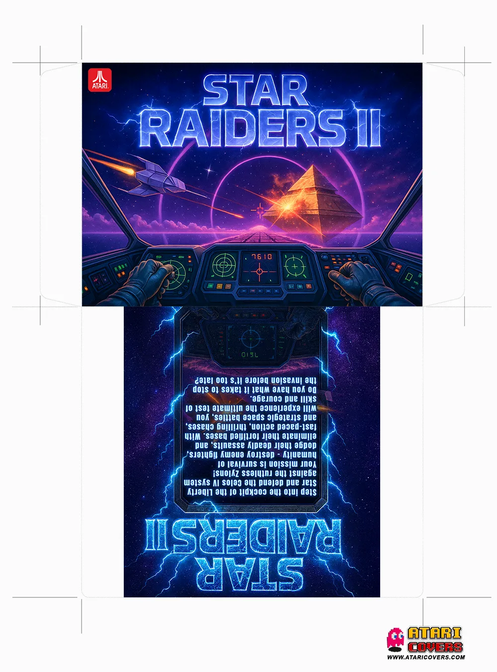 Okładka gry Star Raiders II na Atari XL/XE. Ilustracja przedstawia widok z kokpitu statku kosmicznego Liberty Star, skierowanego na złotą piramidę przeciwnika w przestrzeni kosmicznej. Po bokach widać ręce pilota trzymające stery, a nad horyzontem rozciąga się pas chmur i fioletowy okrąg planety. Tytuł Star Raiders II świeci elektrycznym niebieskim światłem, otoczony błyskawicami.