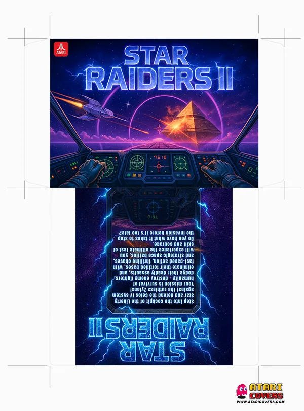 Okładka gry Star Raiders II na Atari XL/XE. Ilustracja przedstawia widok z kokpitu statku kosmicznego Liberty Star, skierowanego na złotą piramidę przeciwnika w przestrzeni kosmicznej. Po bokach widać ręce pilota trzymające stery, a nad horyzontem rozciąga się pas chmur i fioletowy okrąg planety. Tytuł Star Raiders II świeci elektrycznym niebieskim światłem, otoczony błyskawicami.