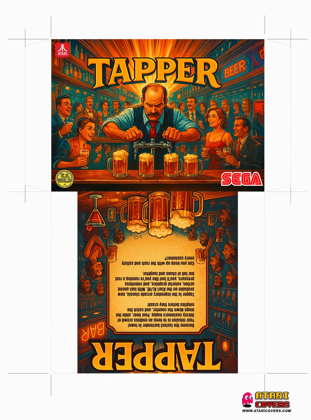 Tapper game cover showing a bustling bar scene with customers eagerly awaiting drinks.