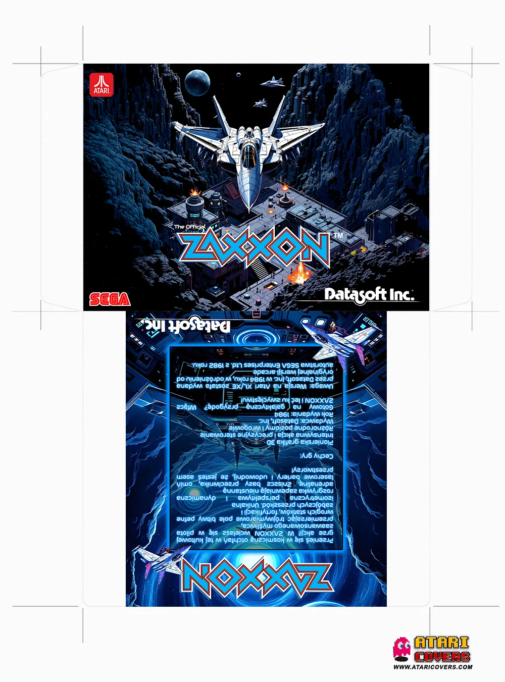 Printable cover artwork for the Atari XL/XE game 'Zaxxon' by Datasoft Inc., featuring a front and back layout. The front side shows a futuristic fighter jet flying above a mountainous space base with explosions, under a starry sky. The back side includes a description of the game with sci-fi themed blue and black graphics, along with spacecraft illustrations. Logos for Atari, SEGA, Datasoft Inc., and AtariCovers.com are visible.