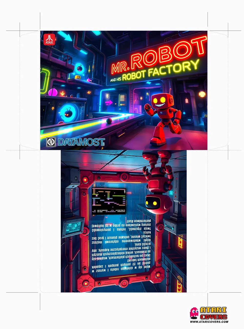Cover art for the Atari XL/XE game "Mr. Robot and His Robot Factory" by Datamost, featuring a cheerful red robot running through a neon-lit factory with glowing conveyor belts, colorful machinery, and robotic enemies, alongside a back cover showing the robot in a control room with in-game screenshots and Polish description text.