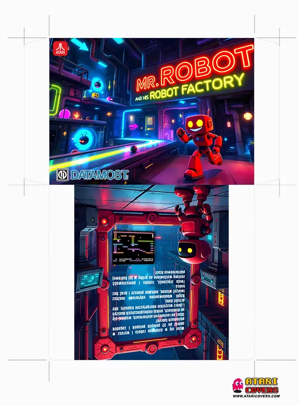 Cover art for the Atari XL/XE game &quot;Mr. Robot and His Robot Factory&quot; by Datamost, featuring a cheerful red robot running through a neon-lit factory with glowing conveyor belts, colorful machinery, and robotic enemies, alongside a back cover showing the robot in a control room with in-game screenshots and Polish description text.