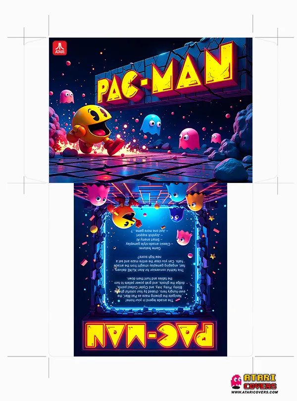Horizontal illustrated cover for the Atari XL/XE game Pac-Man. The main image shows Pac-Man running through a glowing, neon maze pursued by four colorful ghosts: Blinky, Pinky, Inky, and Clyde. The title 'PAC-MAN' is large, glowing, and mounted on a cracked stone archway at the top. The back cover features Pac-Man again inside a square neon maze frame, surrounded by pellets and ghosts, with a game description in white text. Atari and AtariCovers.com logos appear in the corners.