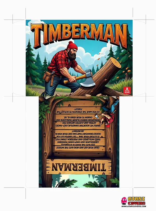 Horizontal illustrated cover for the Atari XL/XE game Timberman. A muscular lumberjack in a red flannel shirt and red beanie is chopping a log with an axe in a forest setting. Above him is the large wooden-textured title 'TIMBERMAN'. The bottom part shows a wooden board with the game description written on it and a smaller upside-down image of the lumberjack. Atari logo is in the corner, and the website ataricovers.com is displayed.
