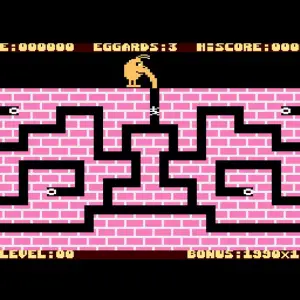 Screenshot of Eggard gameplay showing an anteater with its snout navigating a maze-like termite nest to collect eggs, featuring pink brick walls and a score display at the top.